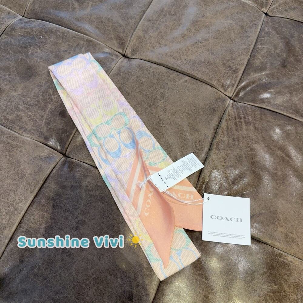 NWT COACH Signature Rainbow Print Silk Skinny Scarf CDL17 Multi Color